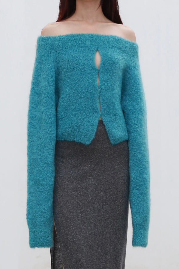 Rui Zhou 24 Autumn and Winter Plush One Shoulder Sweater RUI-RAW24KN07-QINGBI Green